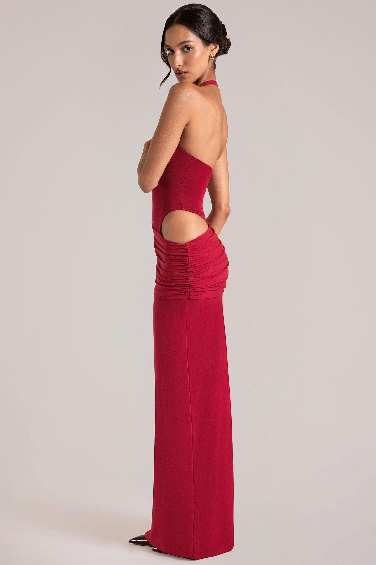Chic Deep Plunge Halterneck Maxi Dress in Cherry Red