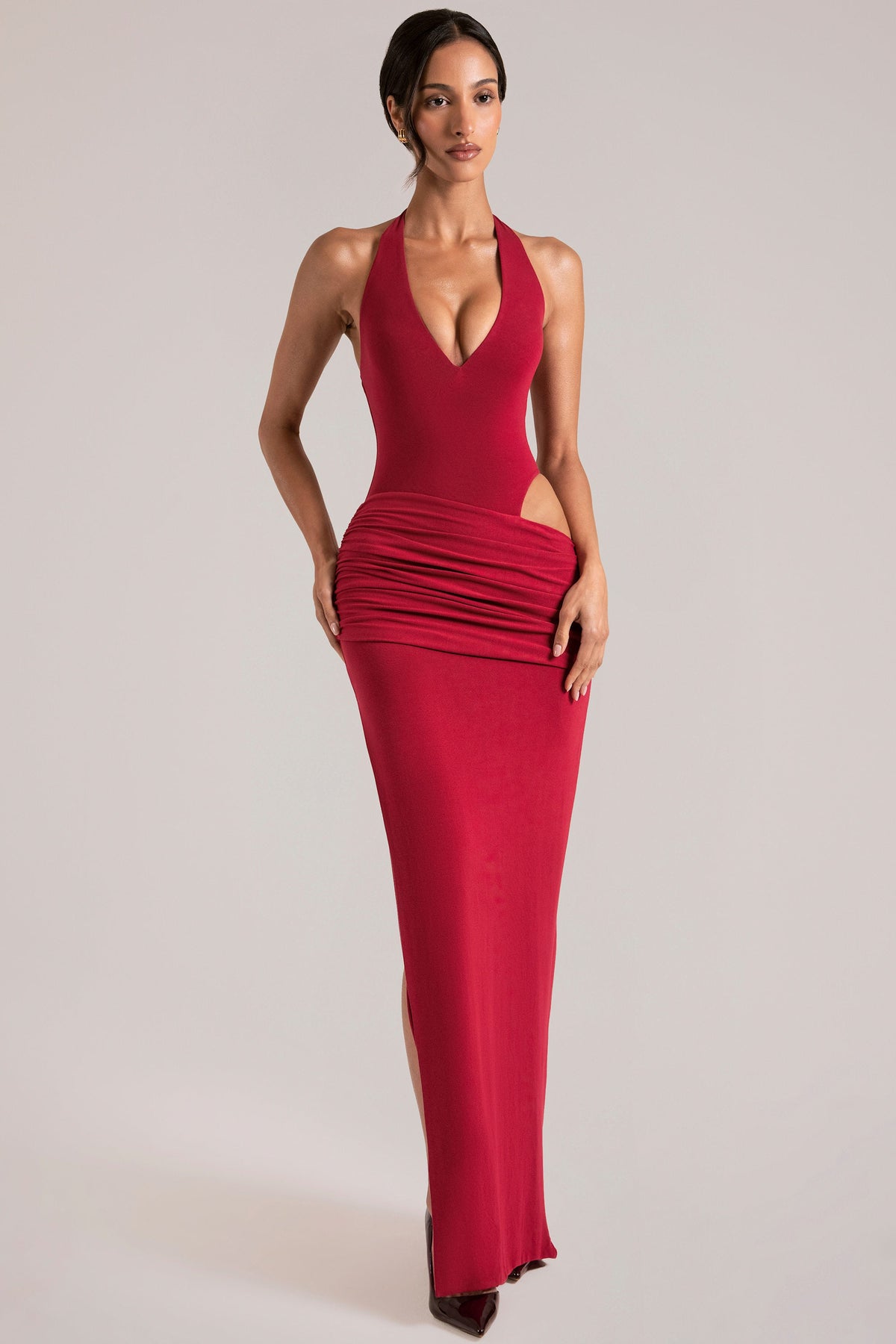 Chic Deep Plunge Halterneck Maxi Dress in Cherry Red
