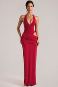 Chic Deep Plunge Halterneck Maxi Dress in Cherry Red