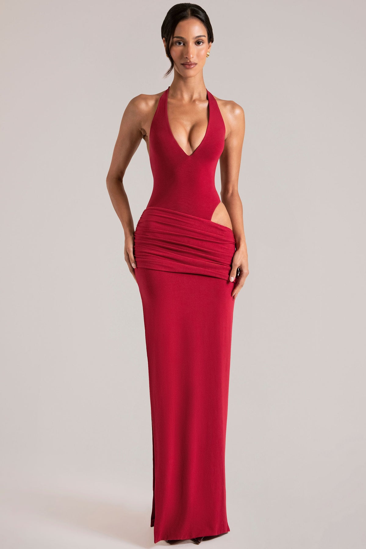 Chic Deep Plunge Halterneck Maxi Dress in Cherry Red