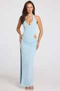 Chic Deep Plunge Halterneck Maxi Dress in Powder Blue