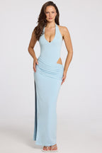 Chic Deep Plunge Halterneck Maxi Dress in Powder Blue