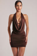 Chic Draped Cowl Mini Dress in Chocolate Brown