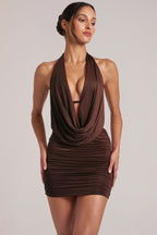 Chic Draped Cowl Mini Dress in Chocolate Brown