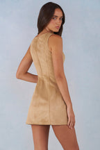 Chic Faux Suede A-Line Mini Dress in Tan