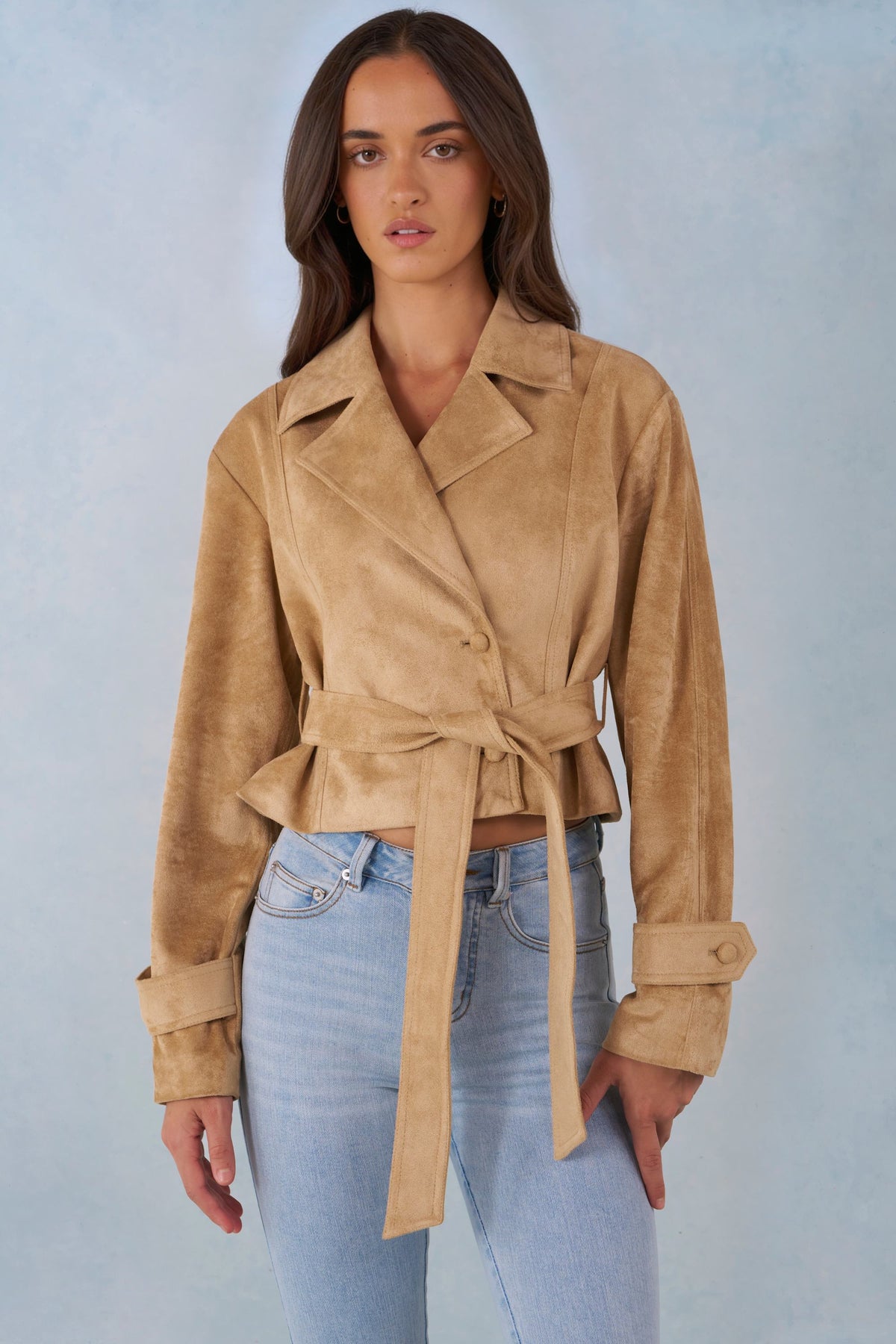 Chic Faux Suede Cropped Belted Jacket in Tan