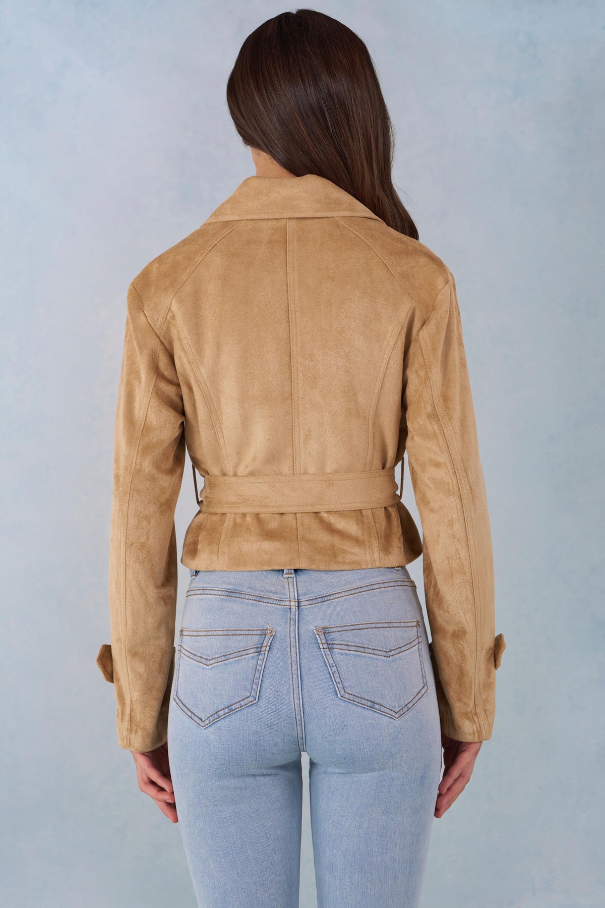 Chic Faux Suede Cropped Belted Jacket in Tan