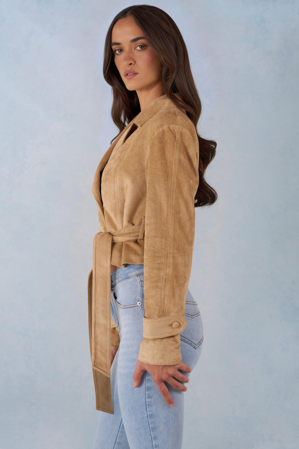 Chic Faux Suede Cropped Belted Jacket in Tan
