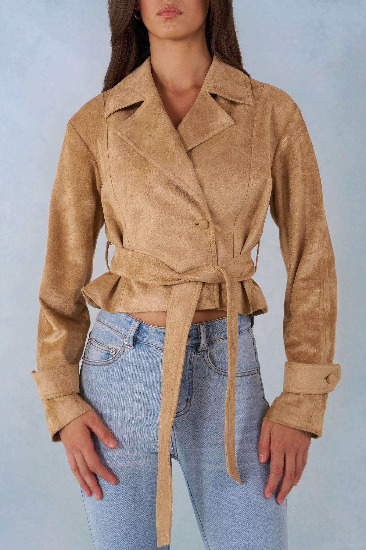 Chic Faux Suede Cropped Belted Jacket in Tan