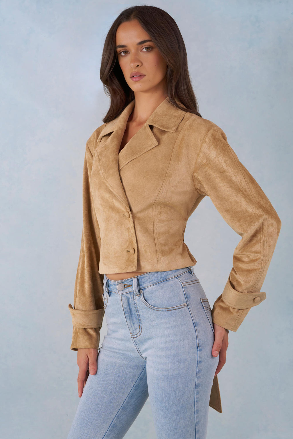 Chic Faux Suede Cropped Belted Jacket in Tan