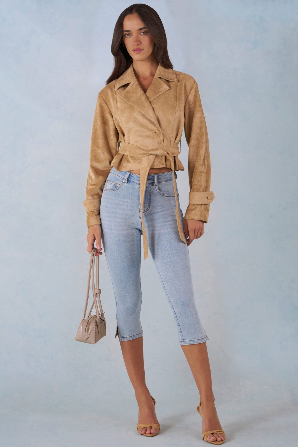 Chic Faux Suede Cropped Belted Jacket in Tan