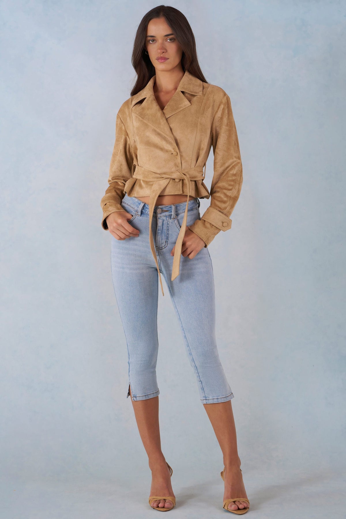 Chic Faux Suede Cropped Belted Jacket in Tan