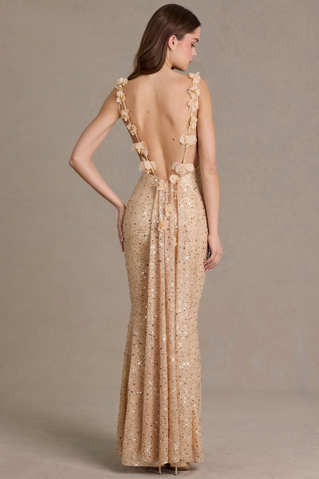 Chic Embellished Open-Back Maxi Dress in Gold