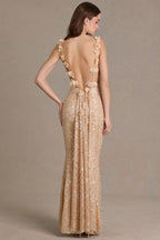 Chic Embellished Open-Back Maxi Dress in Gold