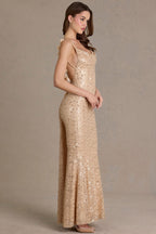 Chic Embellished Open-Back Maxi Dress in Gold