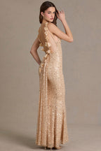 Chic Embellished Open-Back Maxi Dress in Gold