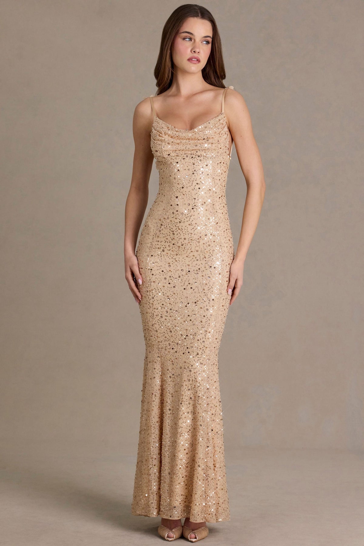 Chic Embellished Open-Back Maxi Dress in Gold