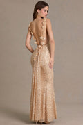 Chic Embellished Open-Back Maxi Dress in Gold
