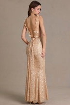 Chic Embellished Open-Back Maxi Dress in Gold