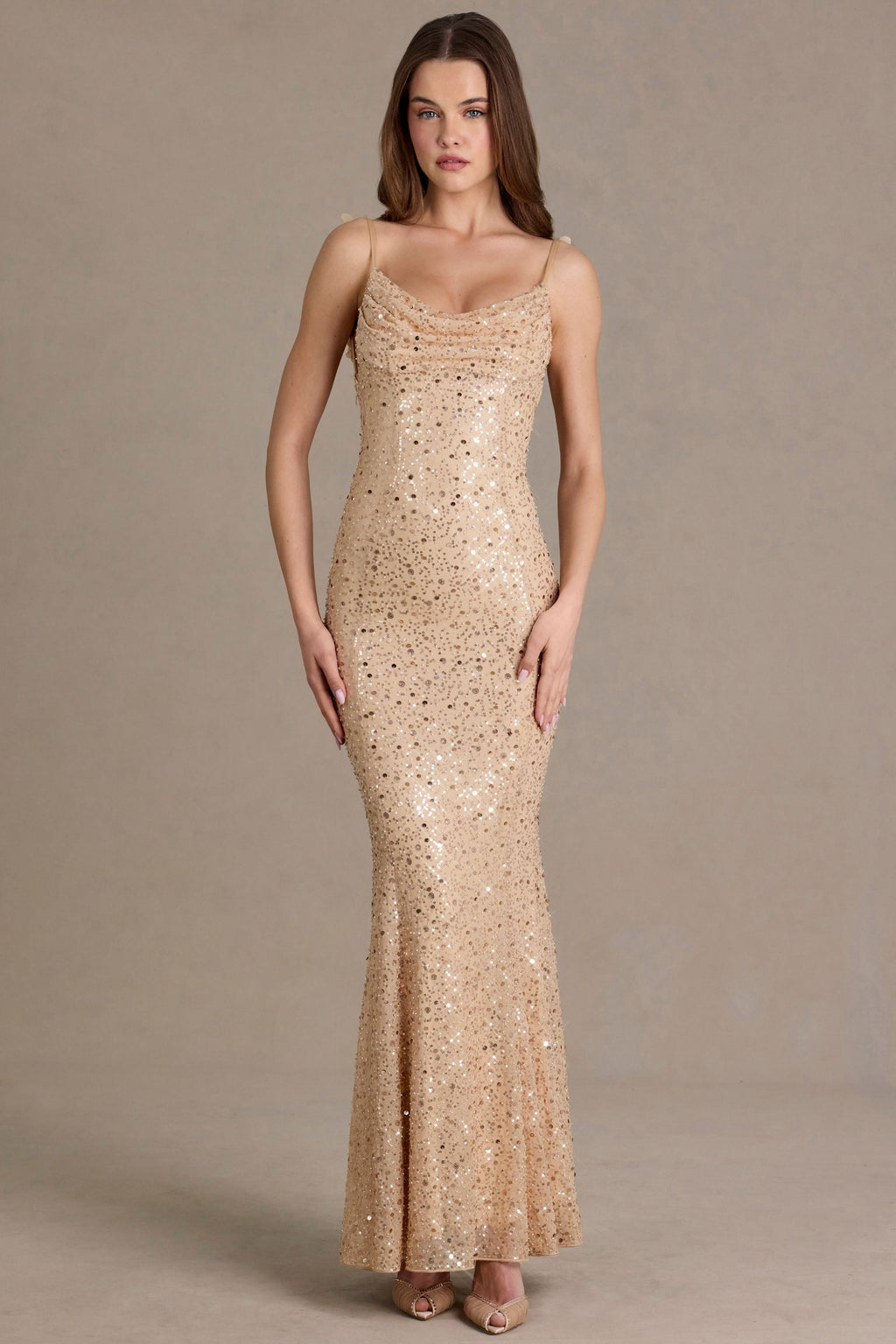 Chic Embellished Open-Back Maxi Dress in Gold
