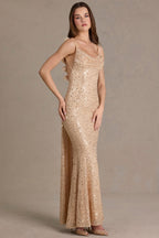 Chic Embellished Open-Back Maxi Dress in Gold