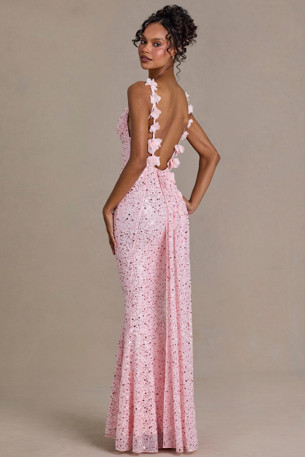Chic Embellished Open-Back Maxi Dress in Baby Pink