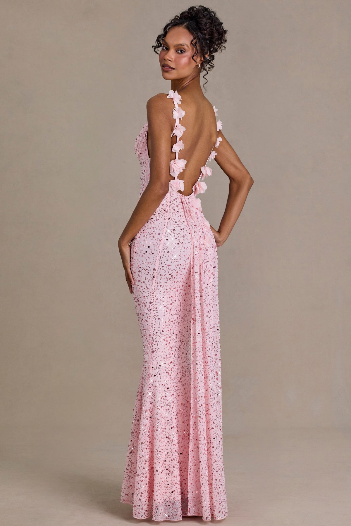 Chic Embellished Open-Back Maxi Dress in Baby Pink