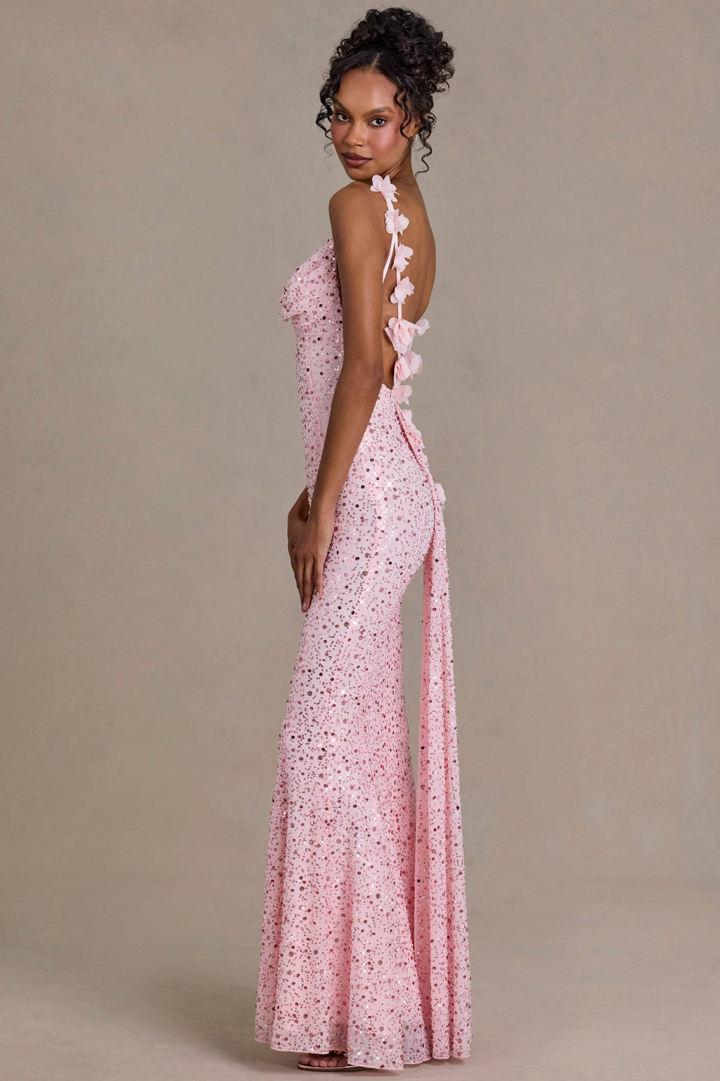 Chic Embellished Open-Back Maxi Dress in Baby Pink