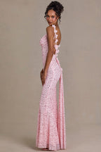 Chic Embellished Open-Back Maxi Dress in Baby Pink