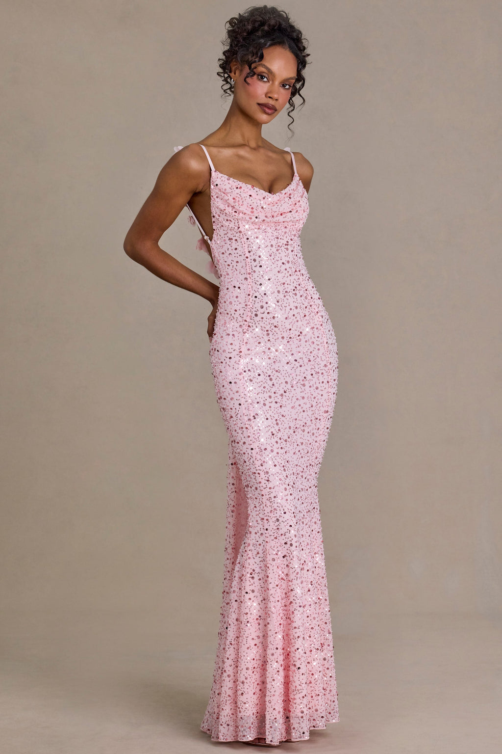 Chic Embellished Open-Back Maxi Dress in Baby Pink
