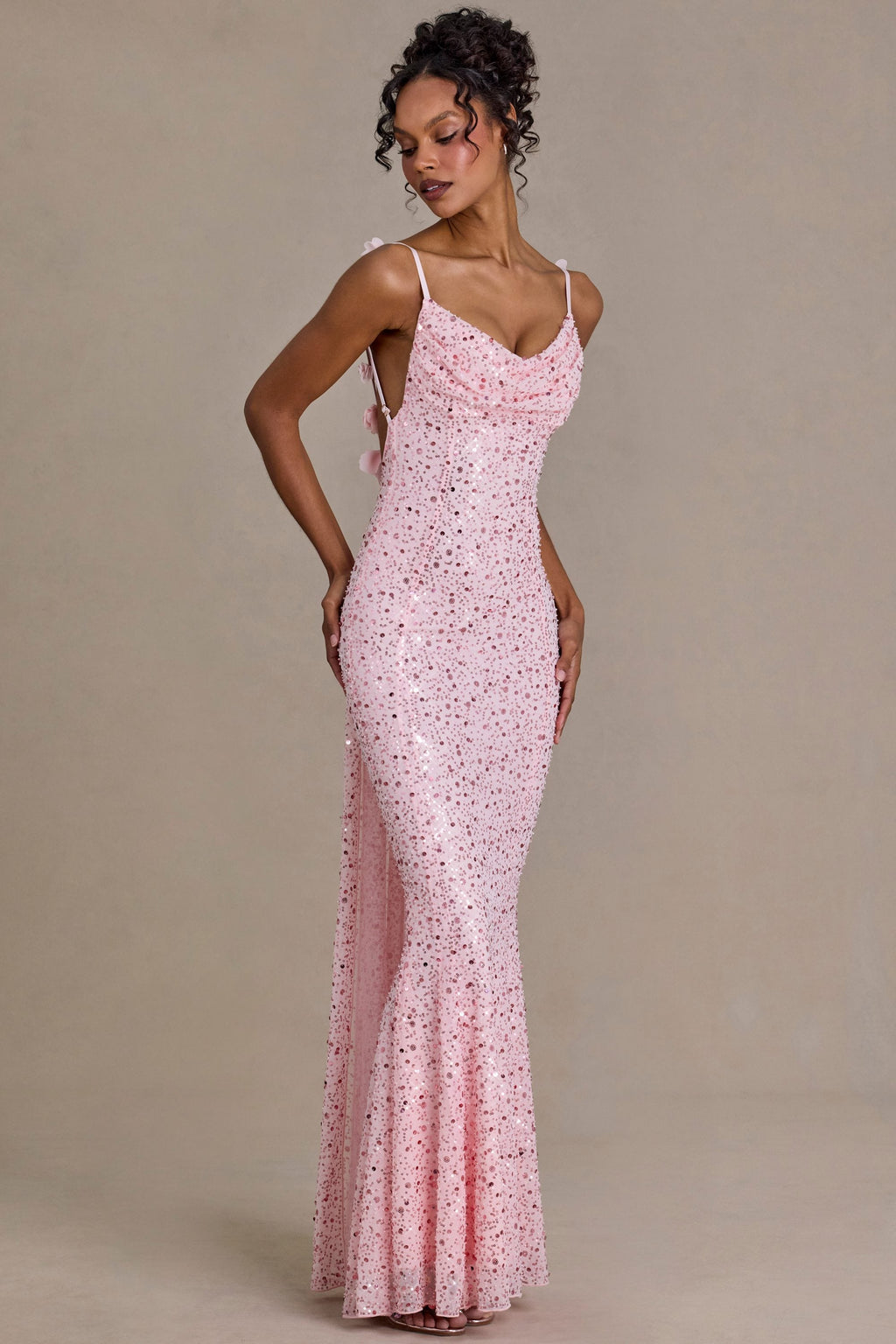 Chic Embellished Open-Back Maxi Dress in Baby Pink