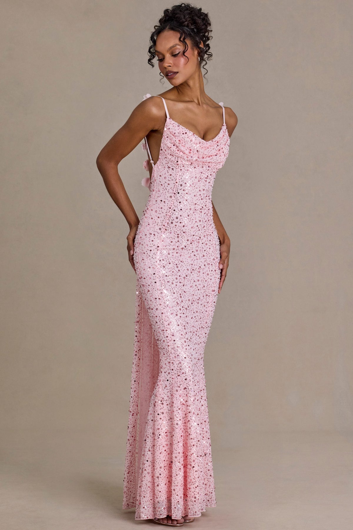 Chic Embellished Open-Back Maxi Dress in Baby Pink