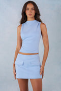 Chic Faux Suede Turtleneck Top in Soft Blue