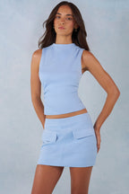 Chic Faux Suede Turtleneck Top in Soft Blue