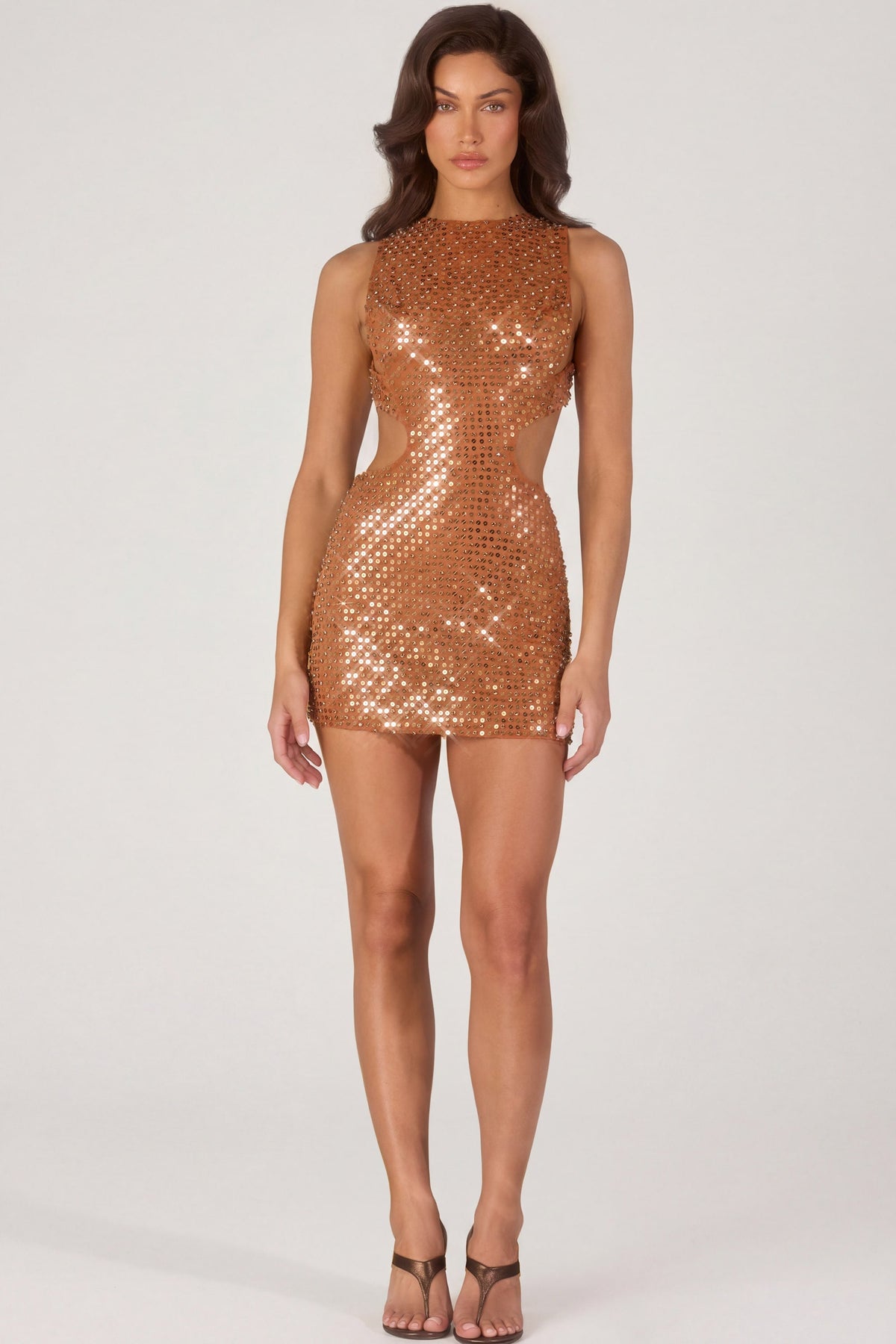 Chic Embellished High-Neck Mini Dress in Bronze