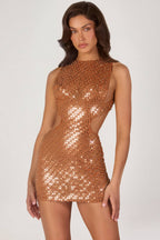 Chic Embellished High-Neck Mini Dress in Bronze