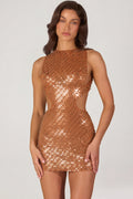 Chic Embellished High-Neck Mini Dress in Bronze