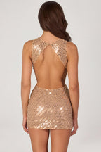 Chic Embellished High-Neck Mini Dress in Gold