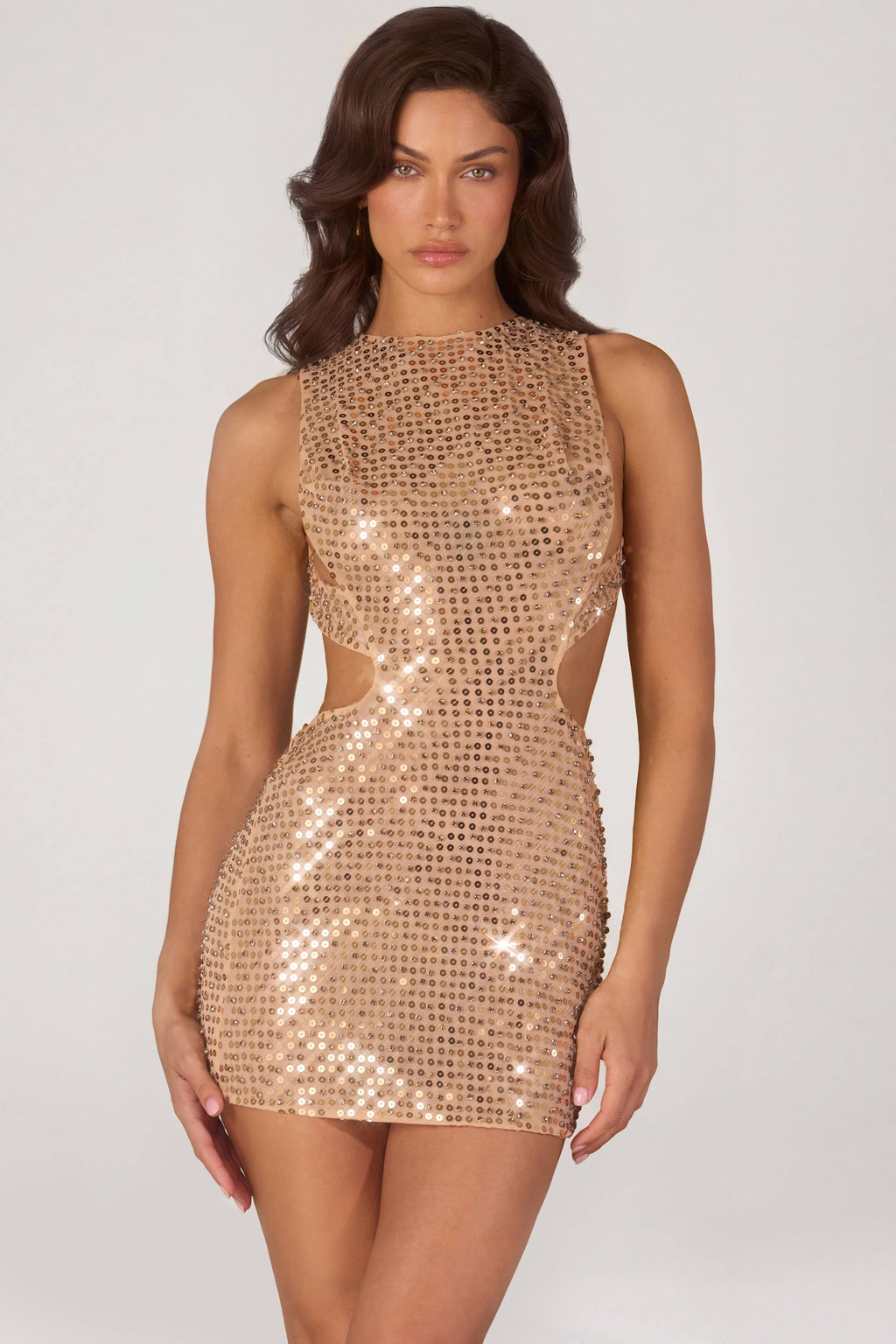 Chic Embellished High-Neck Mini Dress in Gold