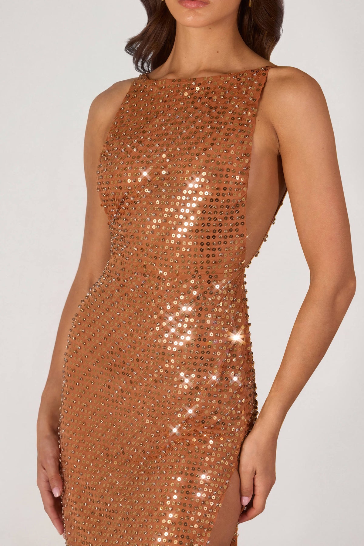 Chic Embellished Maxi Dress in Bronze