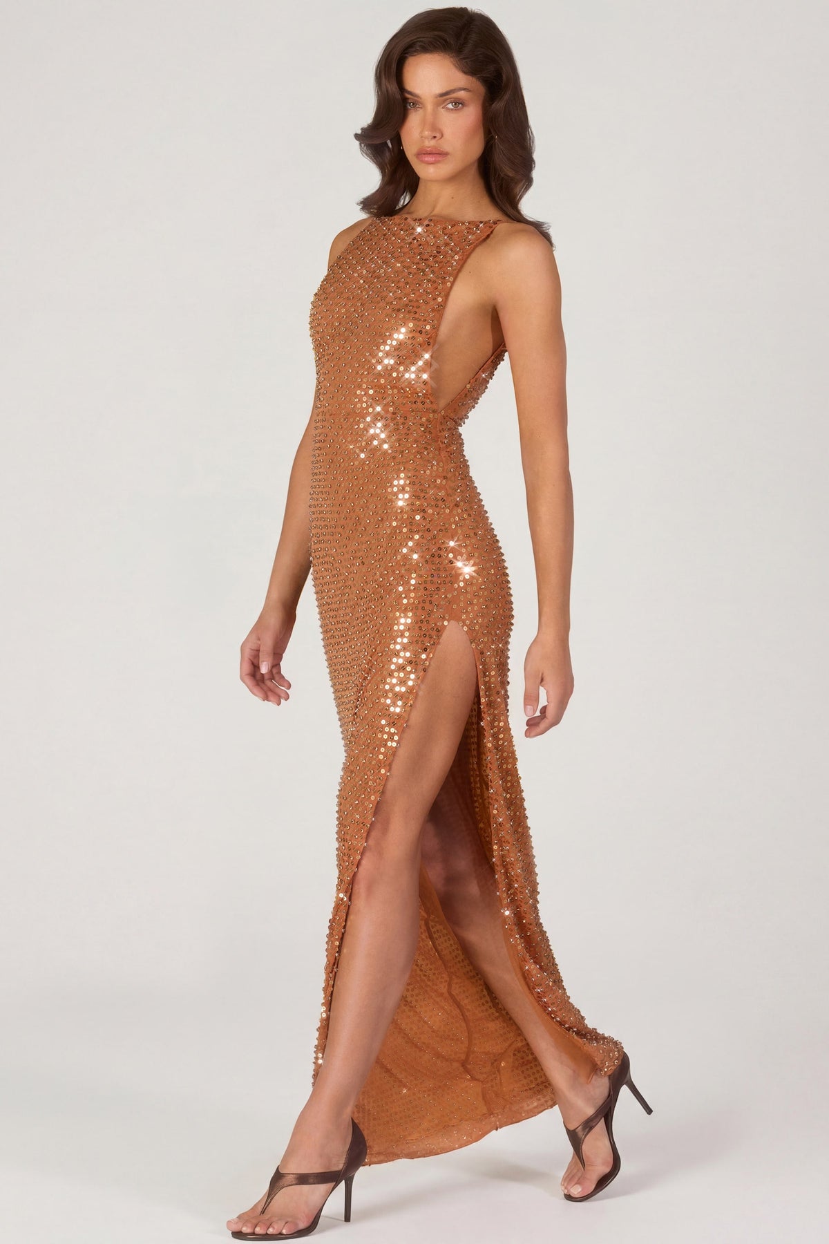 Chic Embellished Maxi Dress in Bronze