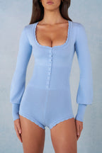 Chic Knit Long-Sleeve Romper in Soft Blue