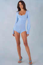 Chic Knit Long-Sleeve Romper in Soft Blue