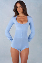 Chic Knit Long-Sleeve Romper in Soft Blue