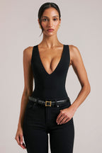 Chic Deep Plunge Halterneck Bodysuit in Black