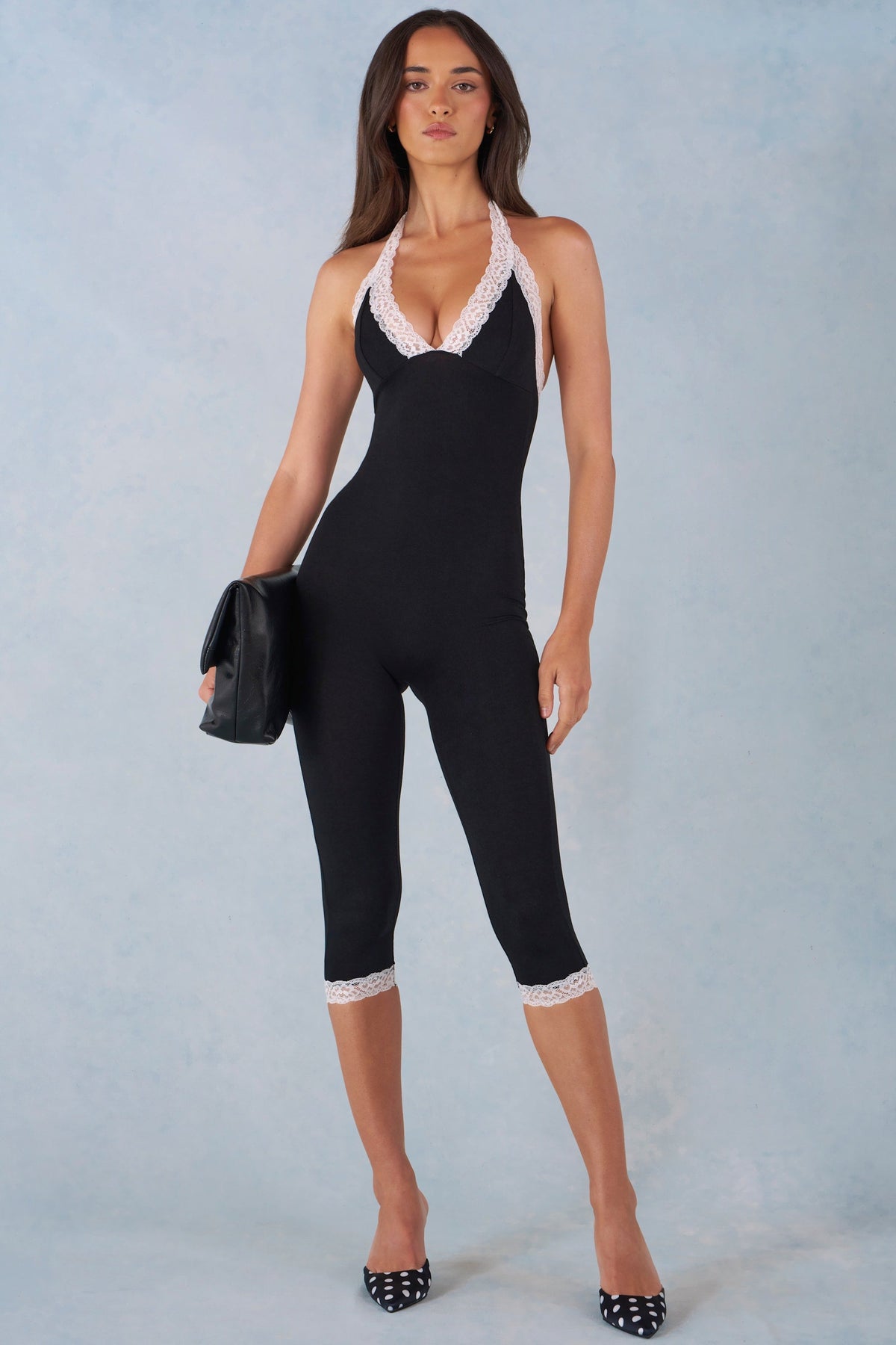 Chic Modal Lace-Trim Capri Jumpsuit in Black
