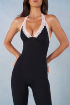 Chic Modal Lace-Trim Capri Jumpsuit in Black