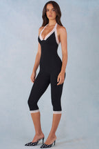 Chic Modal Lace-Trim Capri Jumpsuit in Black
