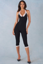 Chic Modal Lace-Trim Capri Jumpsuit in Black