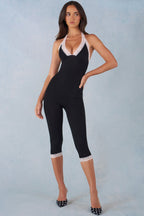 Chic Modal Lace-Trim Capri Jumpsuit in Black